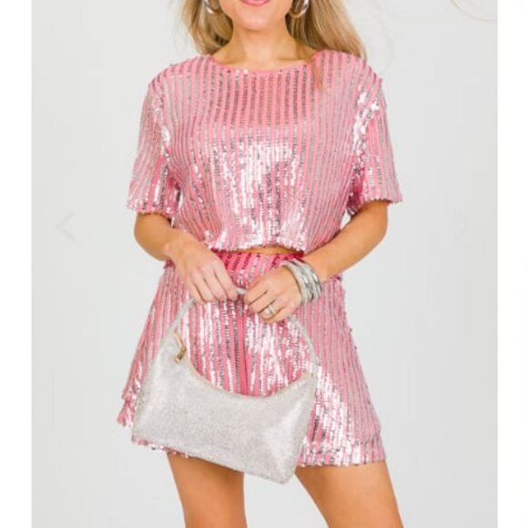 NWT BUDDY LOVE Laura Set Sequined Crop Top & Shorts Silver\Watermelon Pink S - Picture 3 of 9